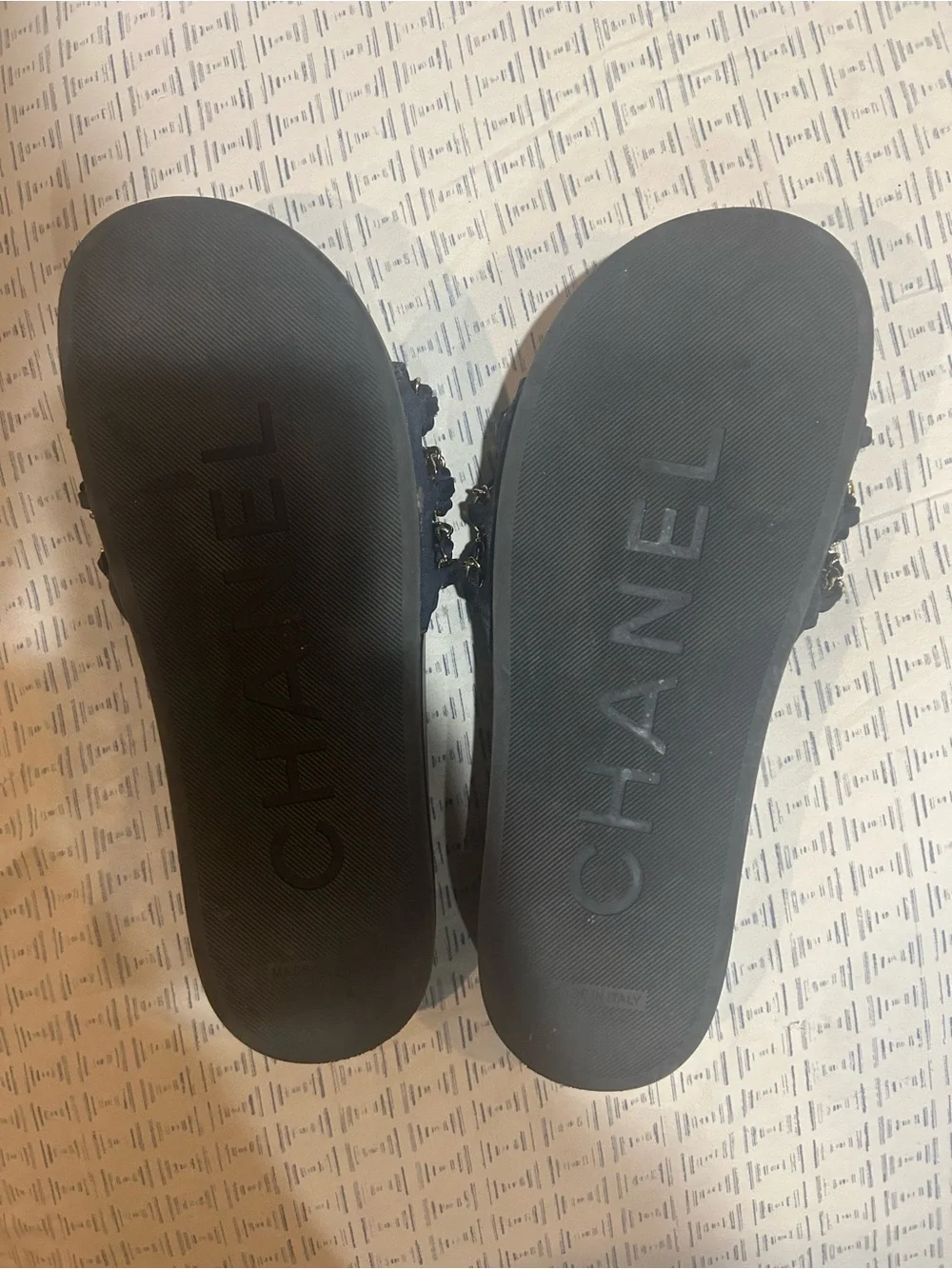 CHANEL Black Slides with Gold Chain Straps